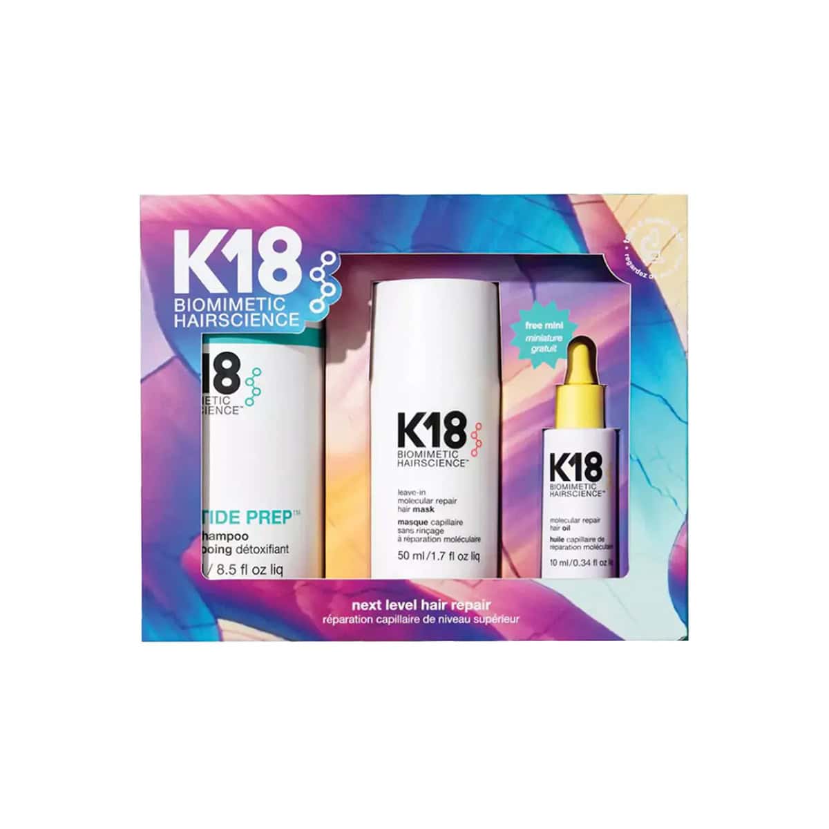 K18 Biomimetic Hairscience repair trio featuring shampoo, leave-in mask, and hair oil.