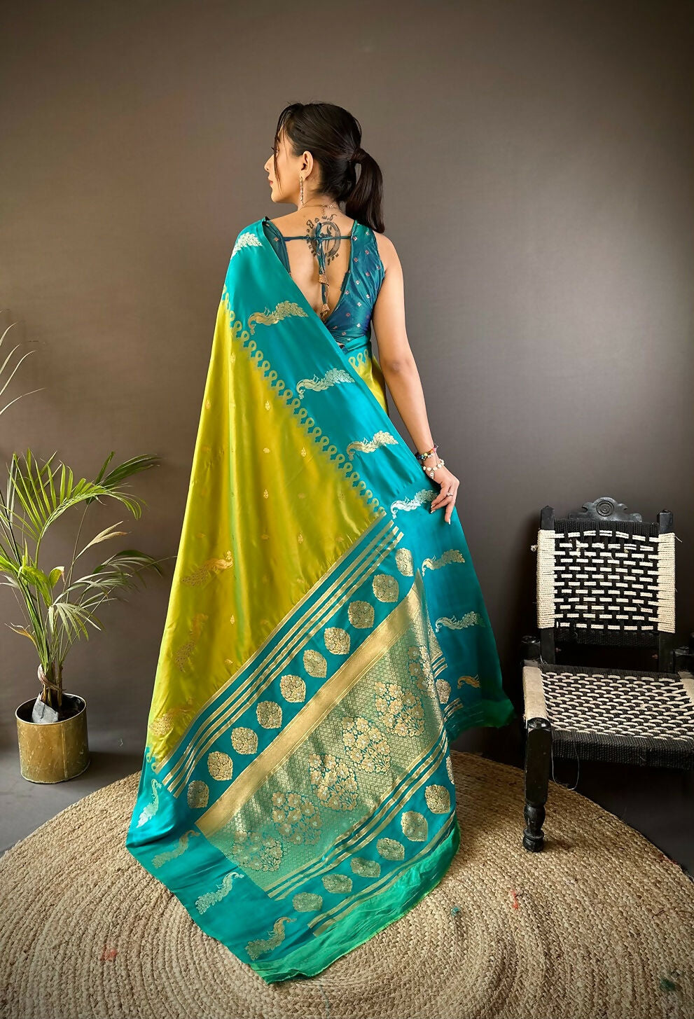 Teal Peacock Butti Banarasi Soft Silk Saree with Blouse Piece