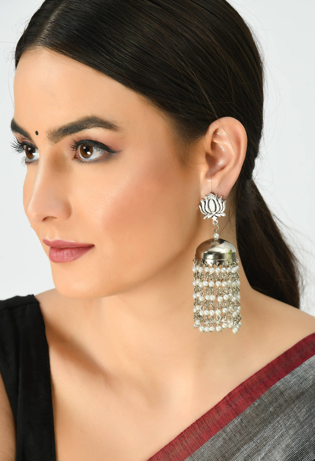 Lotus Design Jhumka Earrings with Pearl Accents