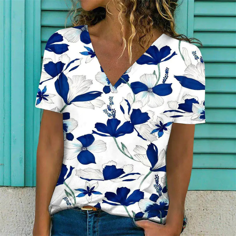Women's V-Neck Casual Floral Print Short Sleeve T-Shirt - Image 11