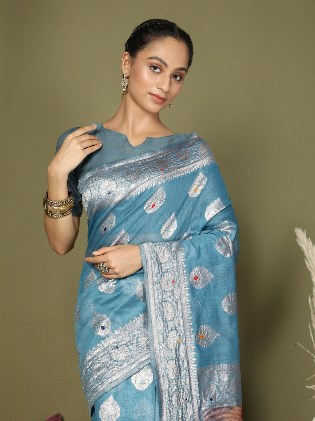 Sky Blue Linen Cotton Saree with Matching Blouse