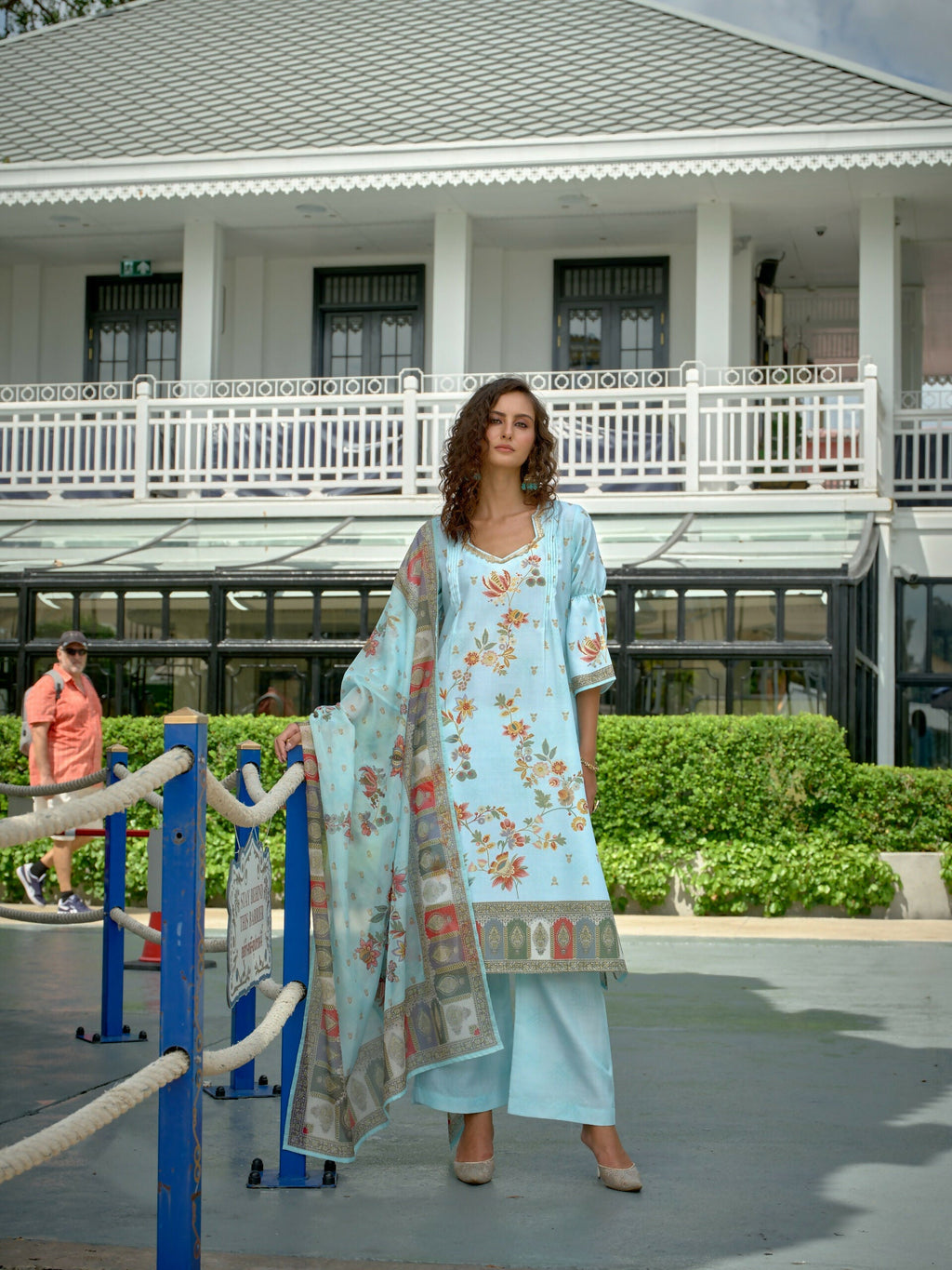 Sky blue linen kurta set with floral digital prints and foil accents