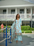 Sky blue linen kurta set with floral digital prints and foil accents