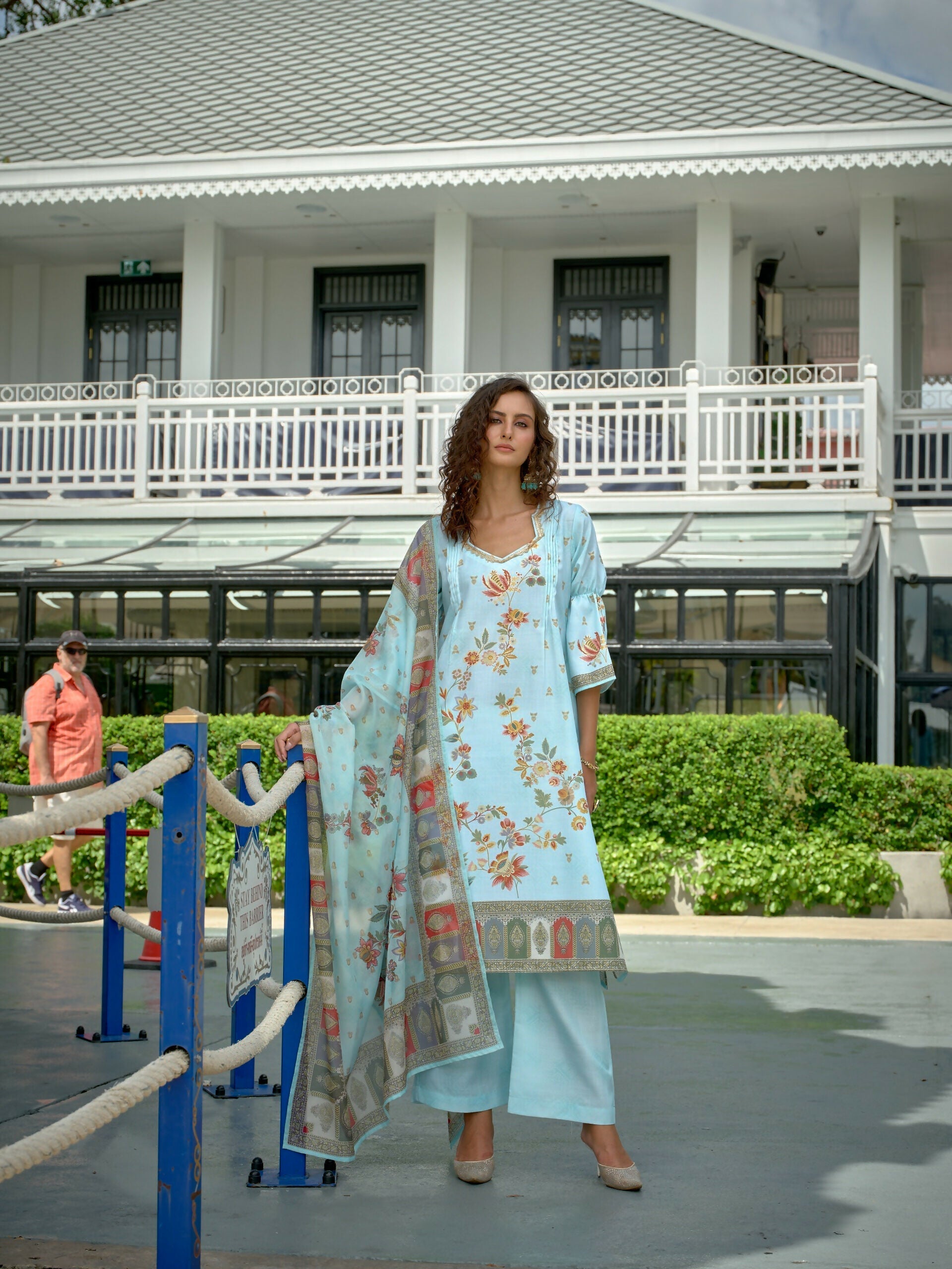Sky blue linen kurta set with floral digital prints and foil accents