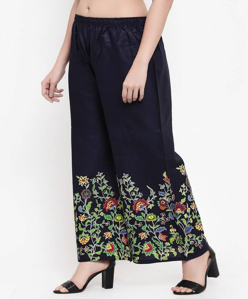 Navy Blue Floral Print Palazzo Pants - Comfortable Wide Leg