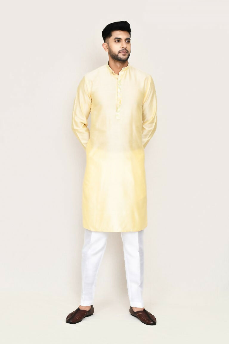 Cream Art Silk Kurta Set with Straight Fit Pant