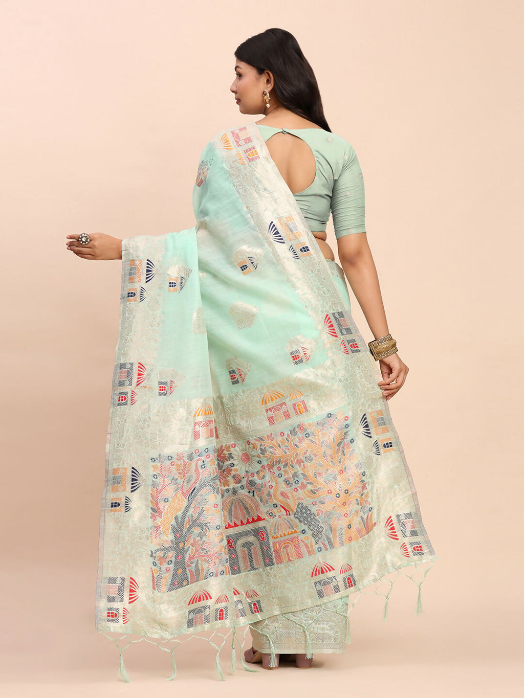 Sea Green Linen Cotton Saree with Matching Blouse Piece
