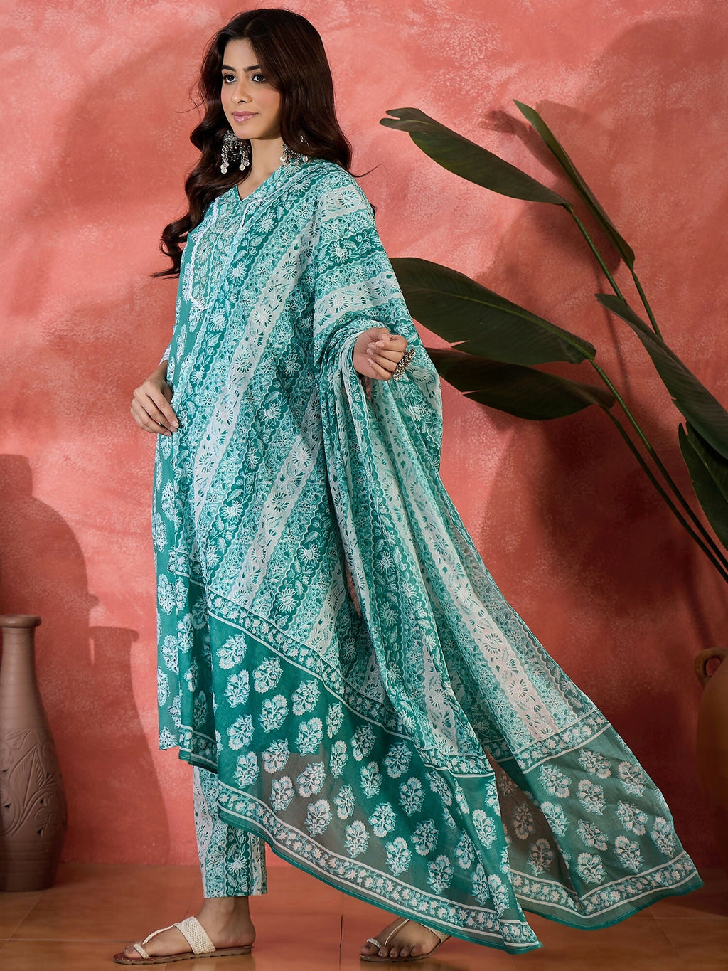 Teal Printed Pure Cotton Kurta Set for Women