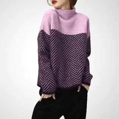 Women's Chevron Pattern Mock Neck Sweater Soft Knit Pullover - Image 12