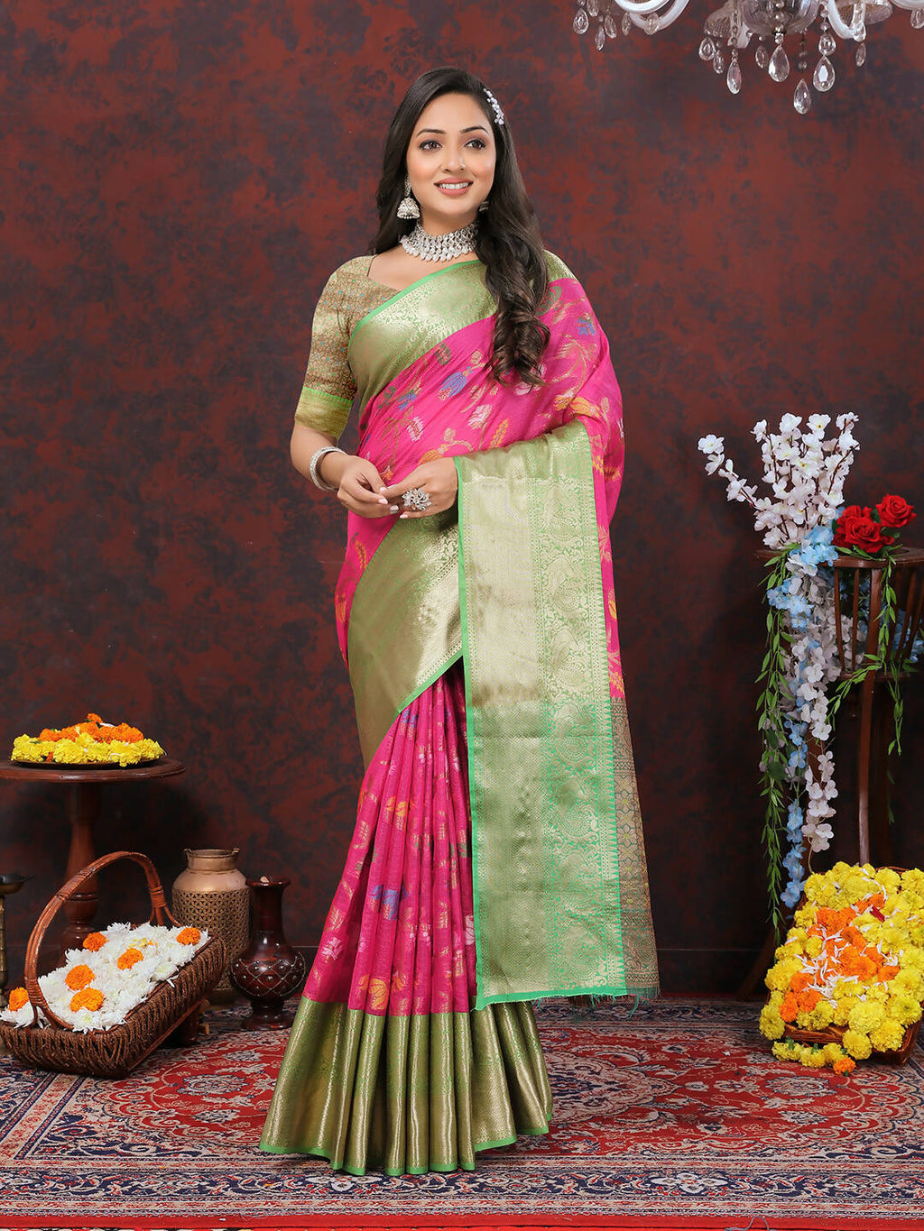 Pink cotton saree with zari meenakari weaving and a matching silk blouse