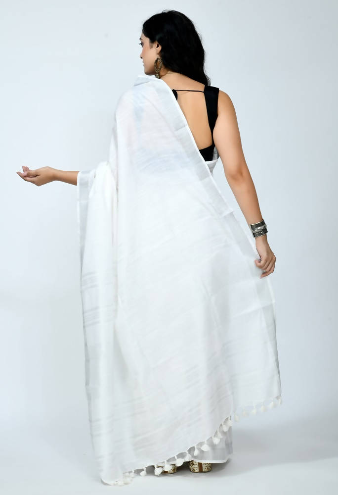 White Bhagalpuri Handloom Cotton Saree with Matching Blouse
