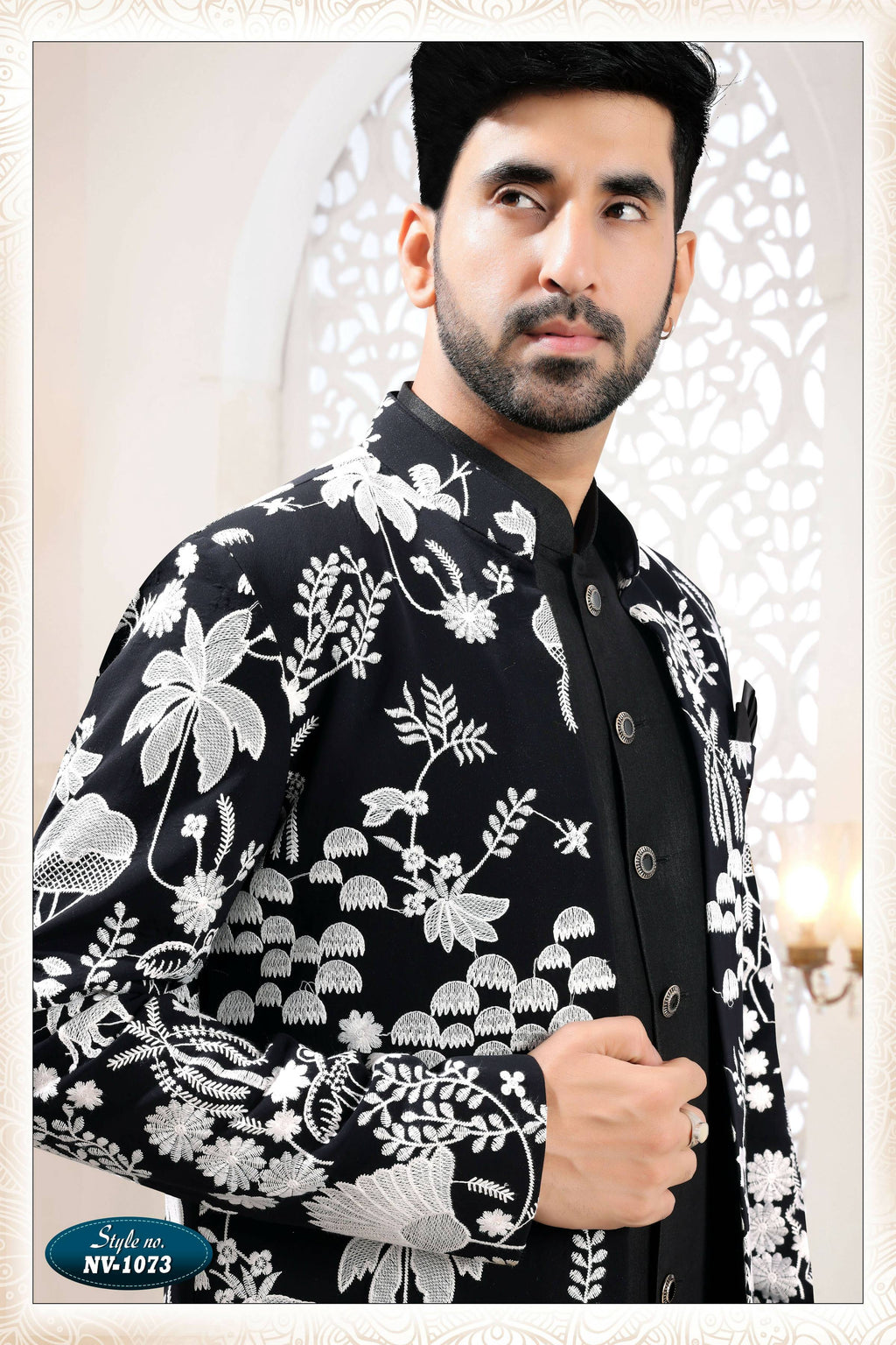 Men's Black Straight Georgette Thread Embroidery 3 Pc Kurta Set