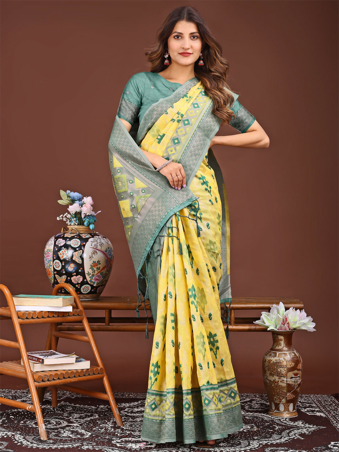 Radiant Yellow Linen Cotton Patola Saree with Traditional Motifs