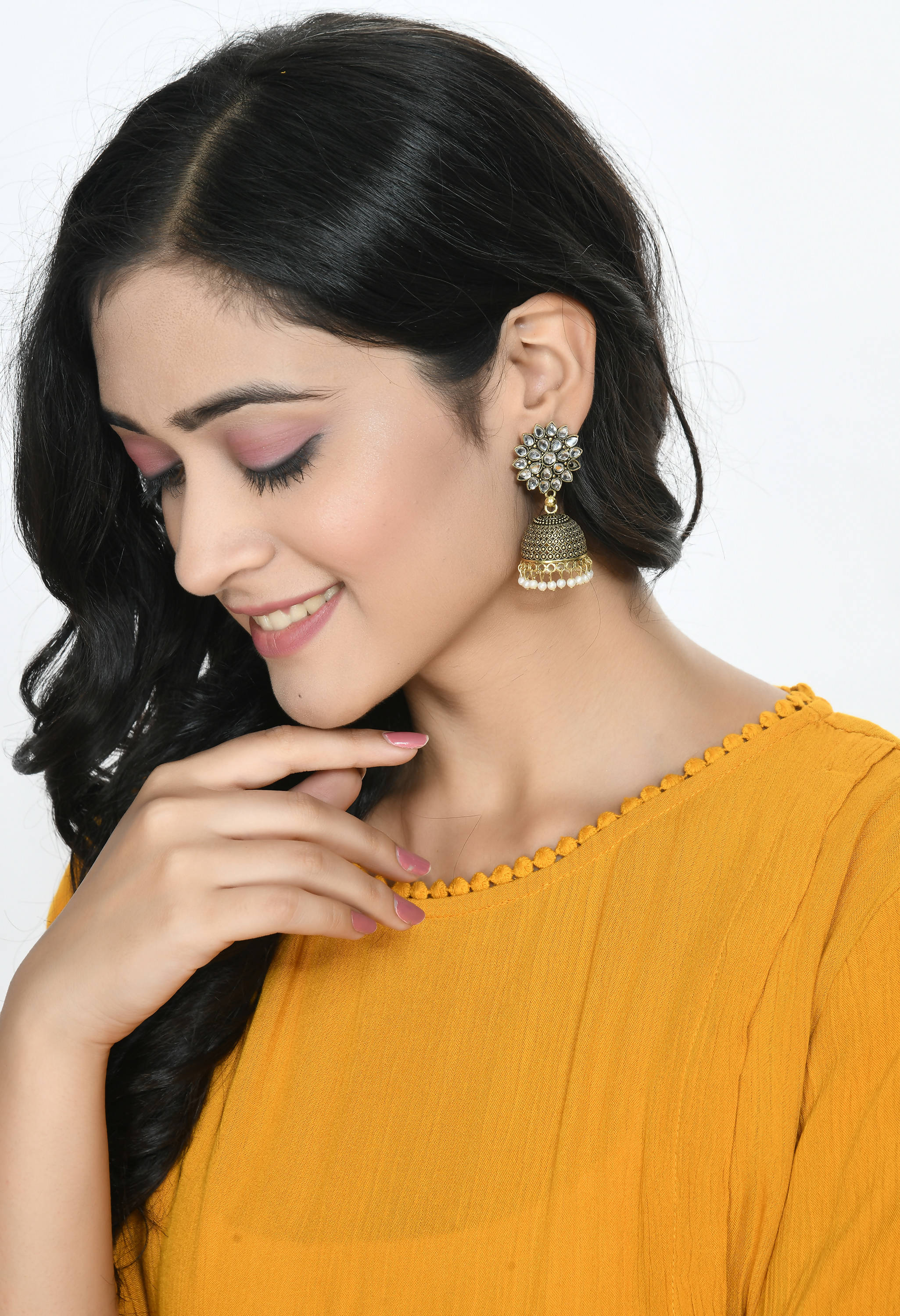 Traditional Kundan Jhumka Earrings with Elegant White Beads