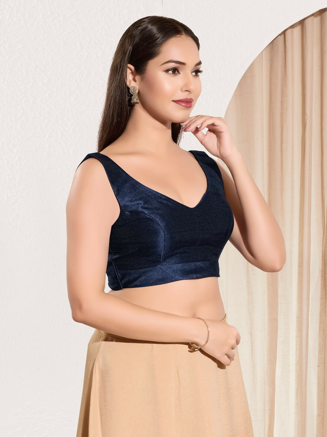 Navy Blue Mulberry Silk Sleeveless Round Neck Blouse