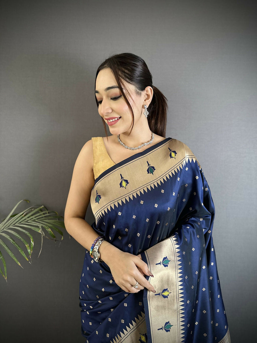 Dark Blue Peacock & Floral Motif Soft Lichi Silk Kanchipuram Saree