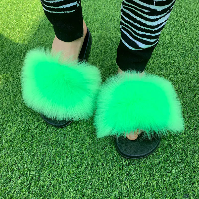 Women's Multicolored Faux Fur Flat Slippers Cozy Open Toe Slides