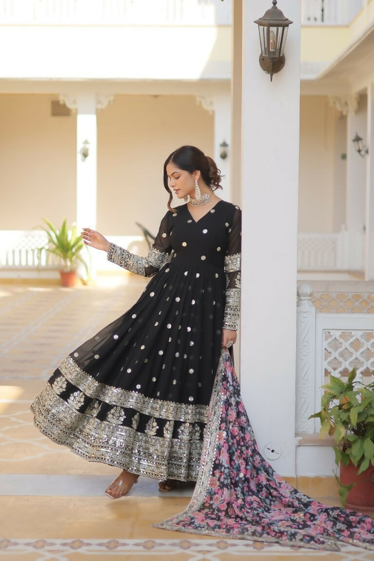 Black Faux Georgette Sequins Zari Embroidered Anarkali Dress