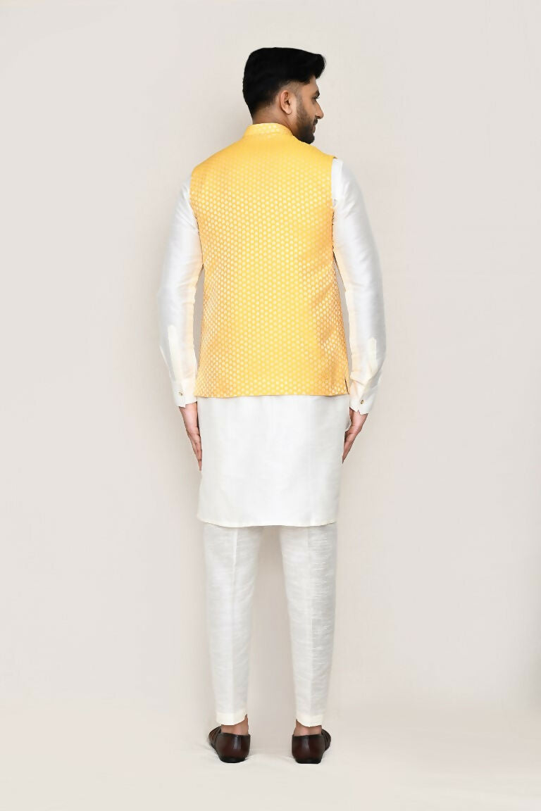 White Art Silk Kurta with Matching Jacket and Straight Fit Pant