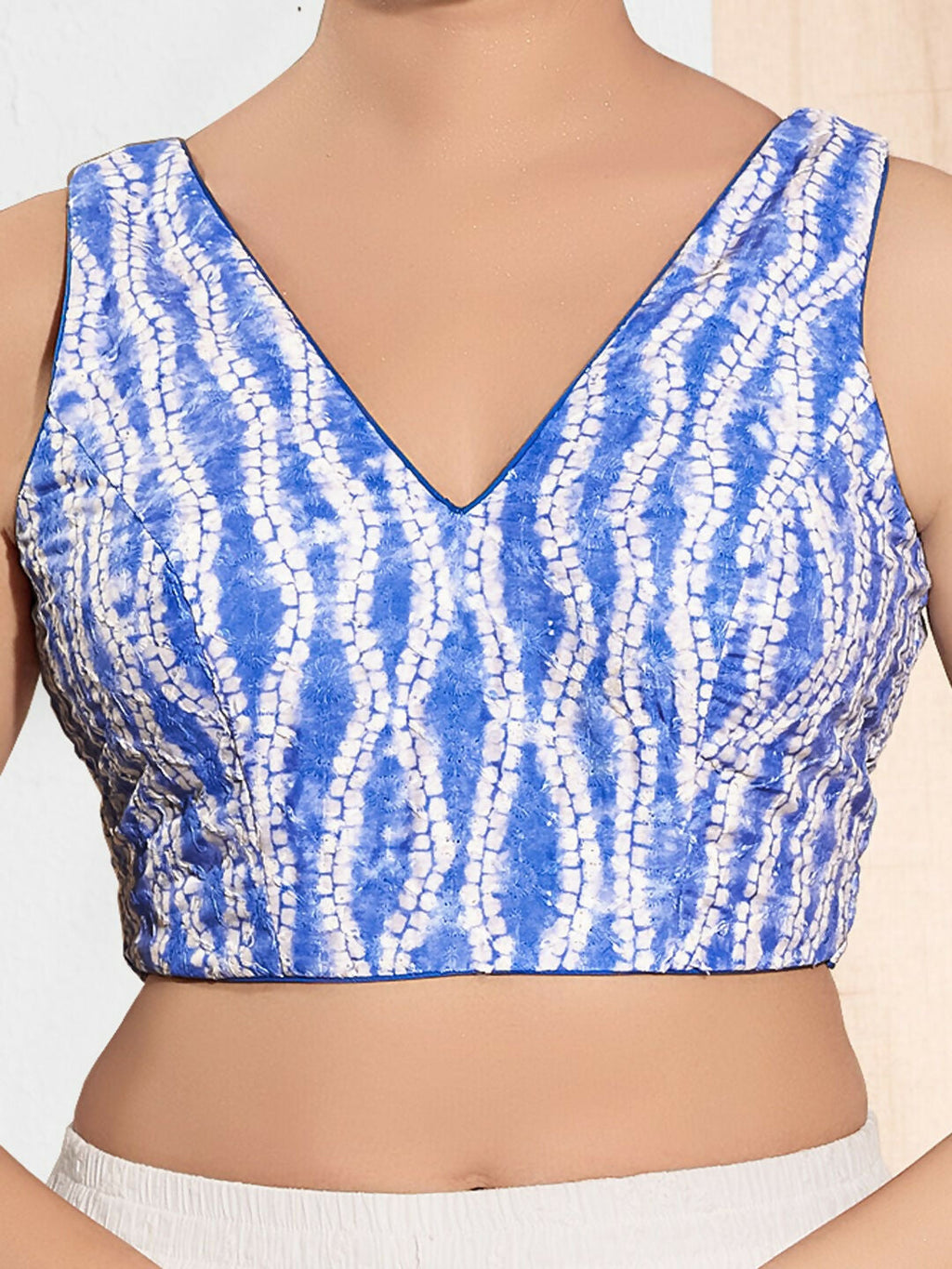 Blue Viscose Rayon Sleeveless Padded Blouse with V Neck