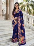 Royal Blue Premium Russian Silk saree with detailed floral position print.