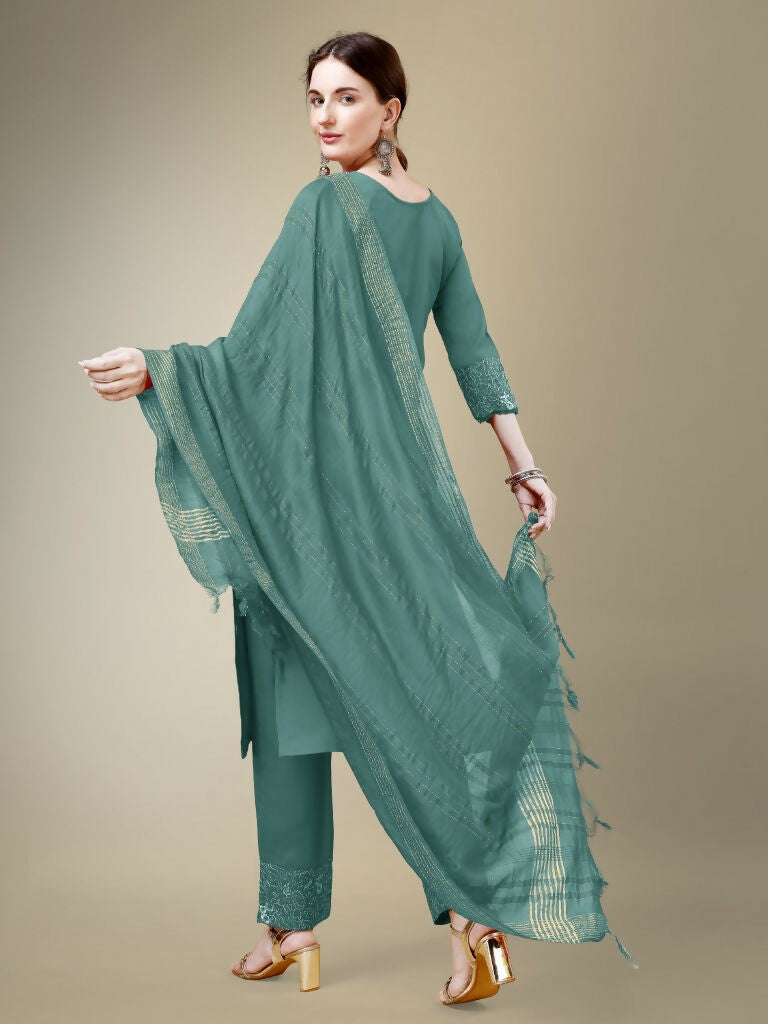 Women's Teal Cotton Blend Embroidered Kurta Set with Lace Work