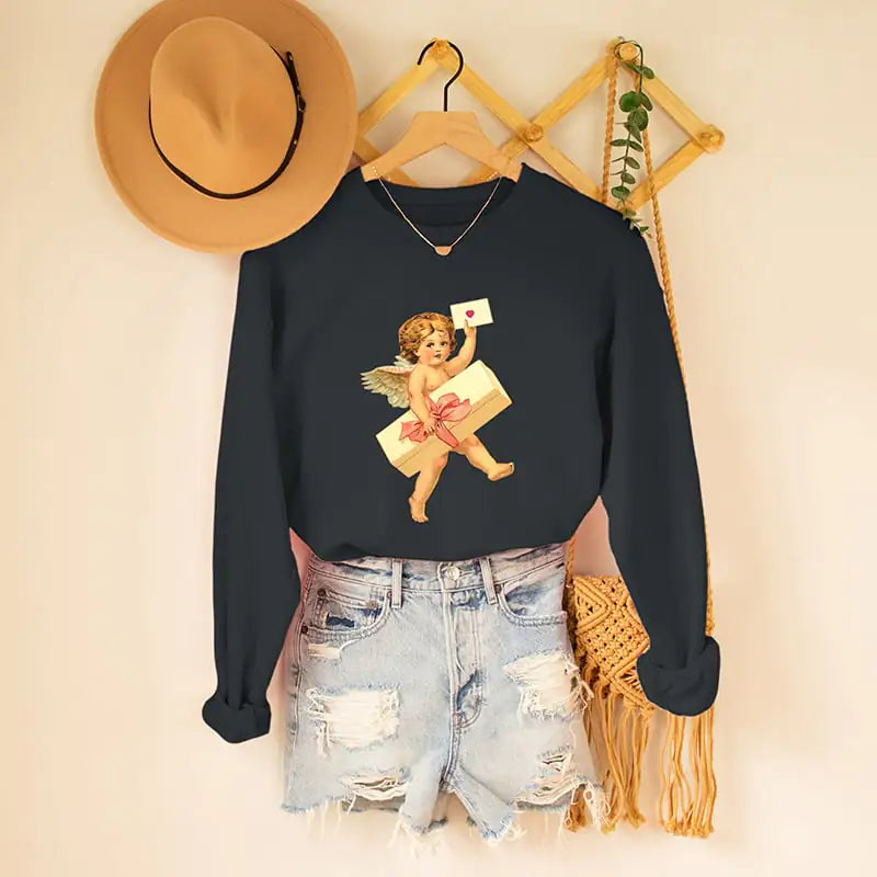 Women's Round Neck Long Sleeve Cupid Graphic Print Sweatshirt - Image 4