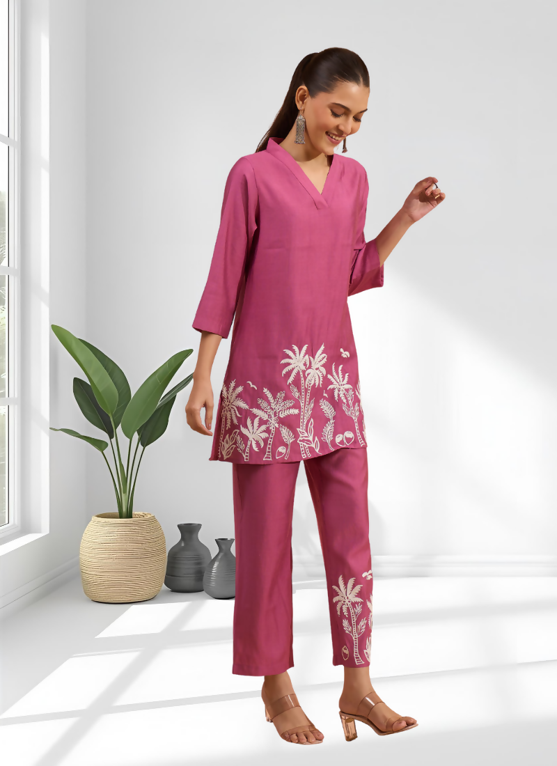 Pink silk embroidered co-ord set with V-neck detail for festive occasions