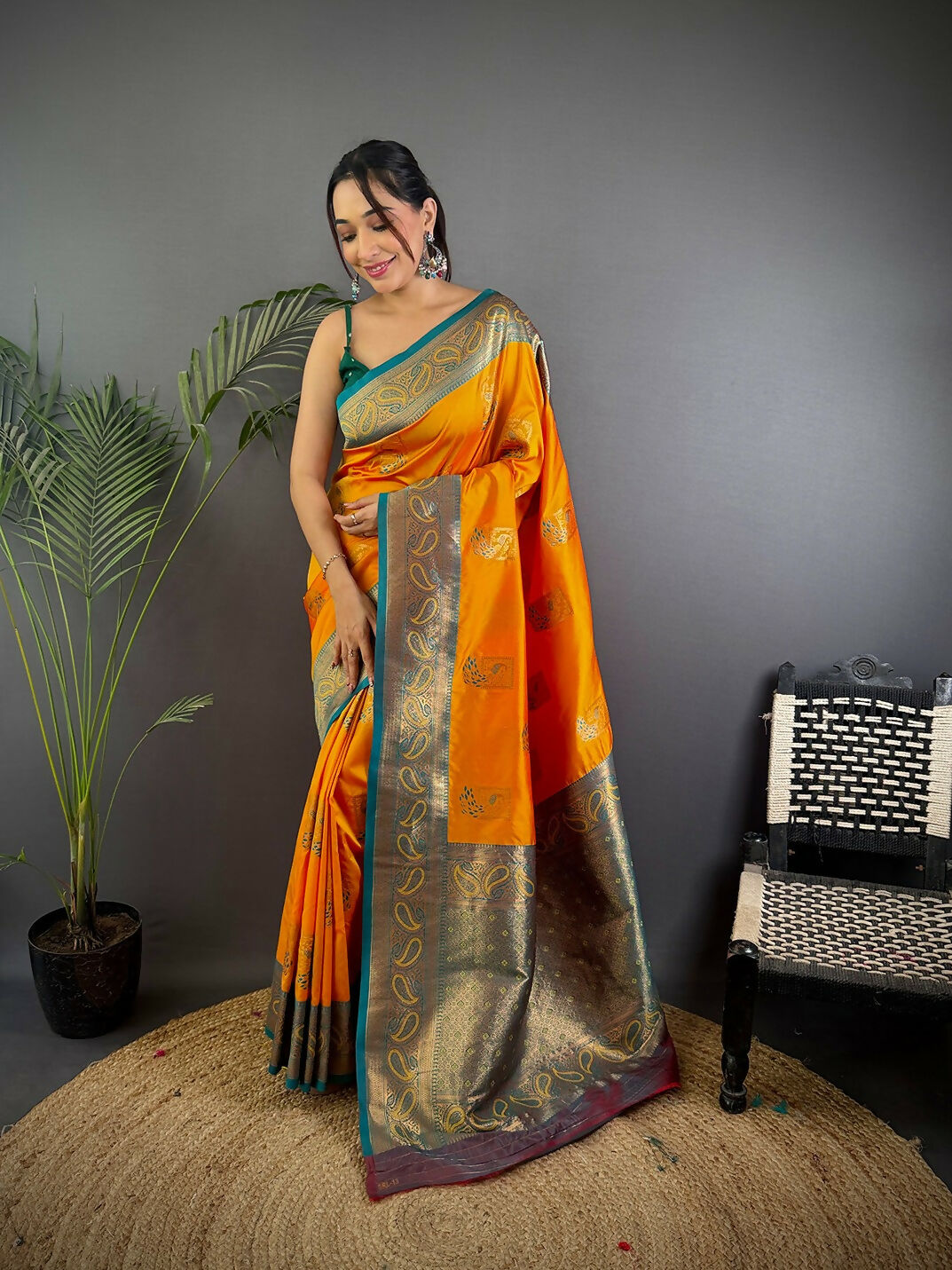 Grey Peacock Banarasi Silk Saree featuring elegant weaving