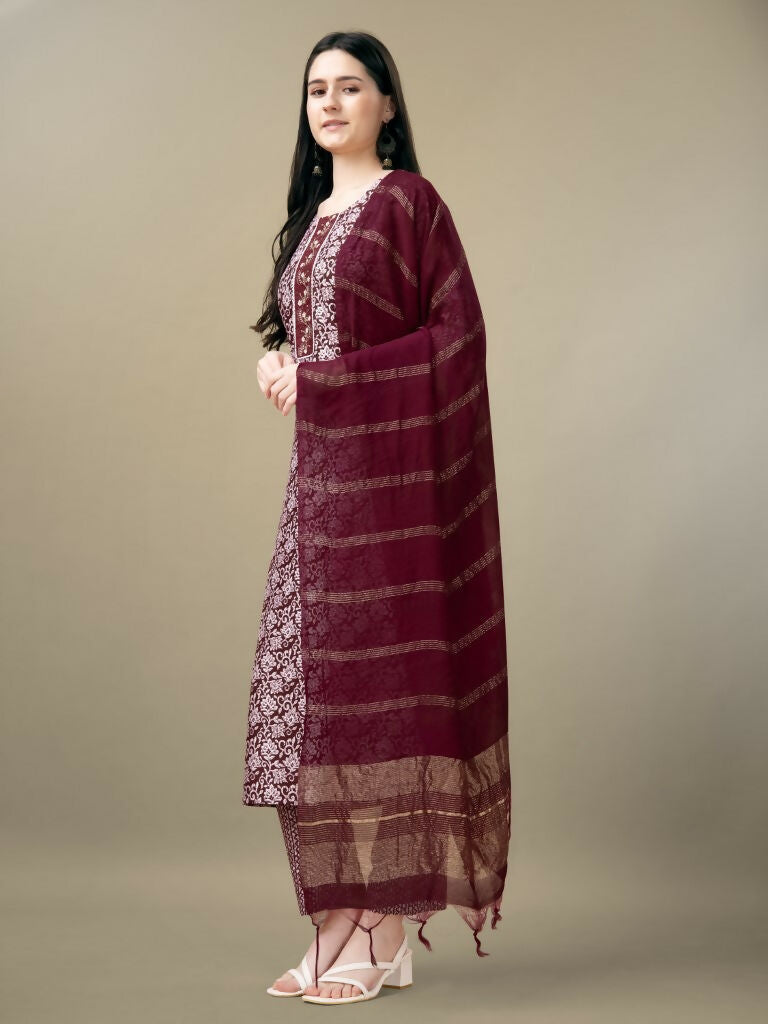 Women's Maroon Rayon Straight Kurta Set with Sequence Embroidery