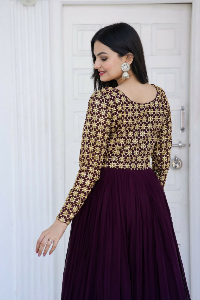 Wine Faux Blooming Anarkali Dress with Sequence Zari Embroidery