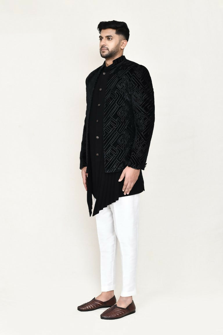 Black velvet Indo-Western open jacket with full embroidery and matching trousers