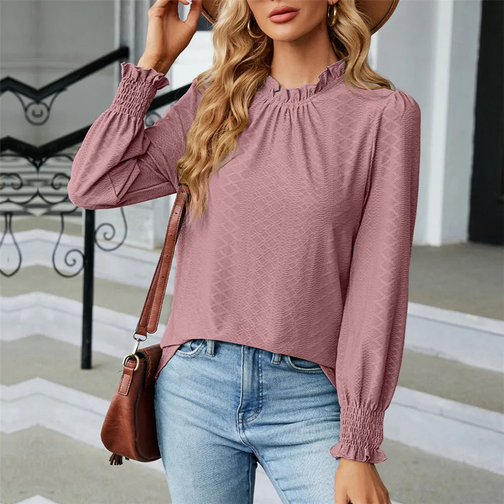 Women's Long Sleeve Blouse with Ruffled Neck and Smocked Cuffs - Image 3