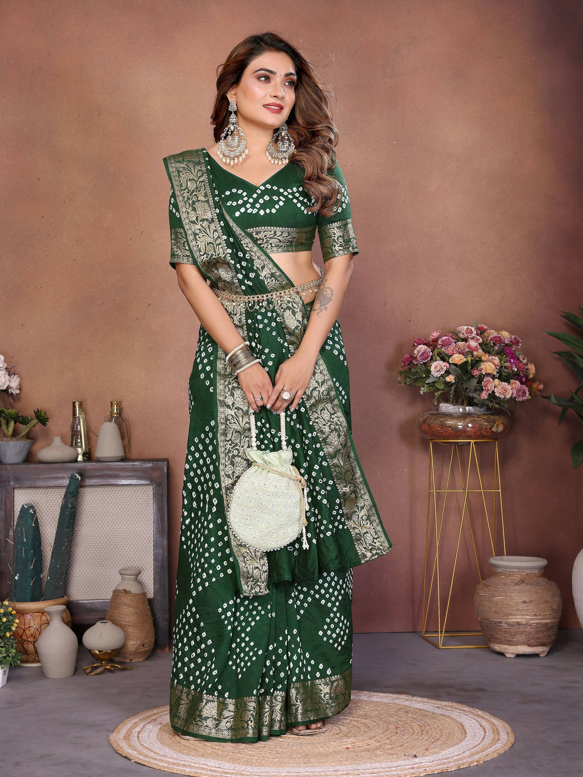 Green Pure Dola Silk Saree with Handmade Bandhej