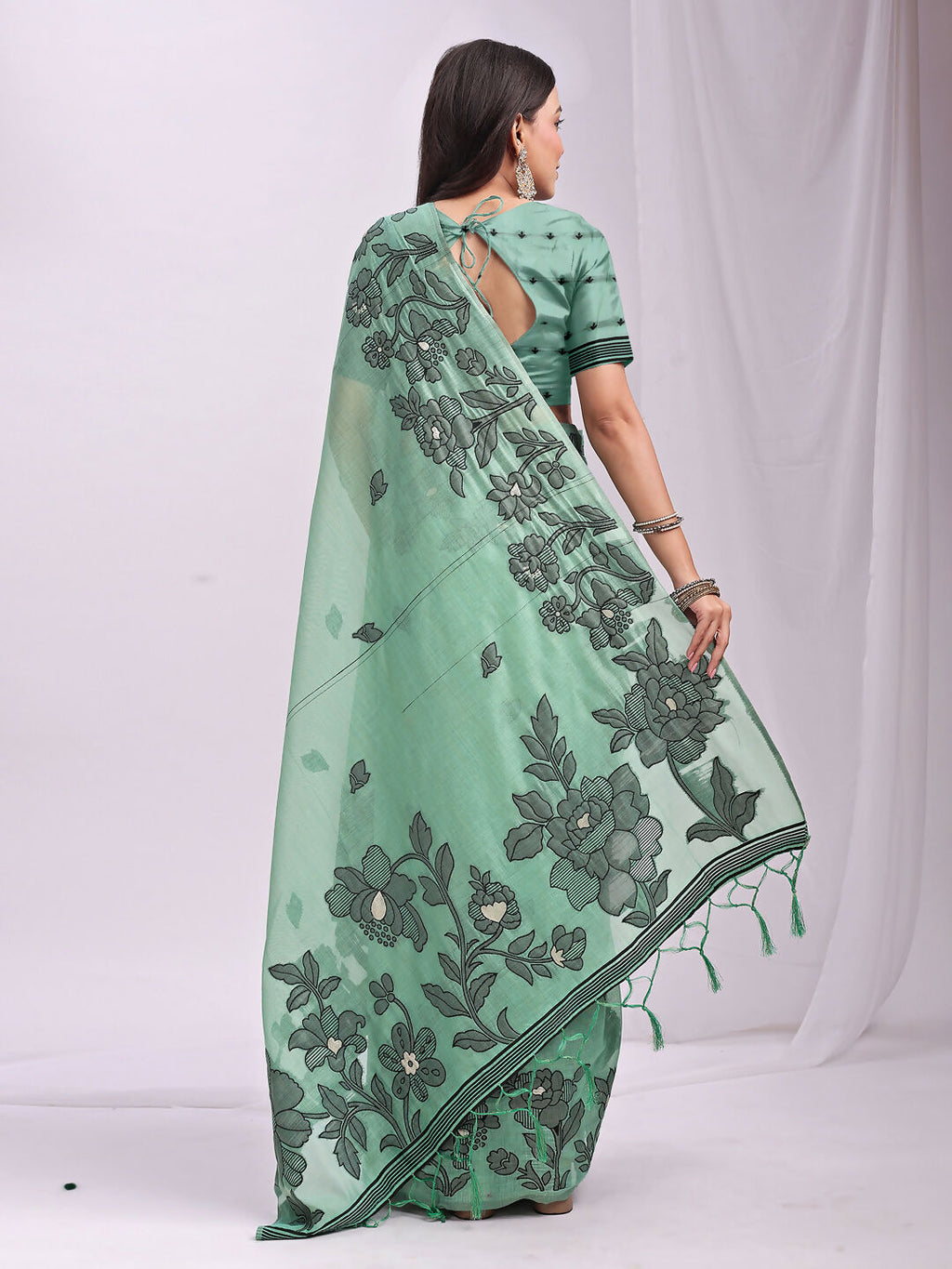 Rama Green Linen Cotton Saree with Matching Blouse