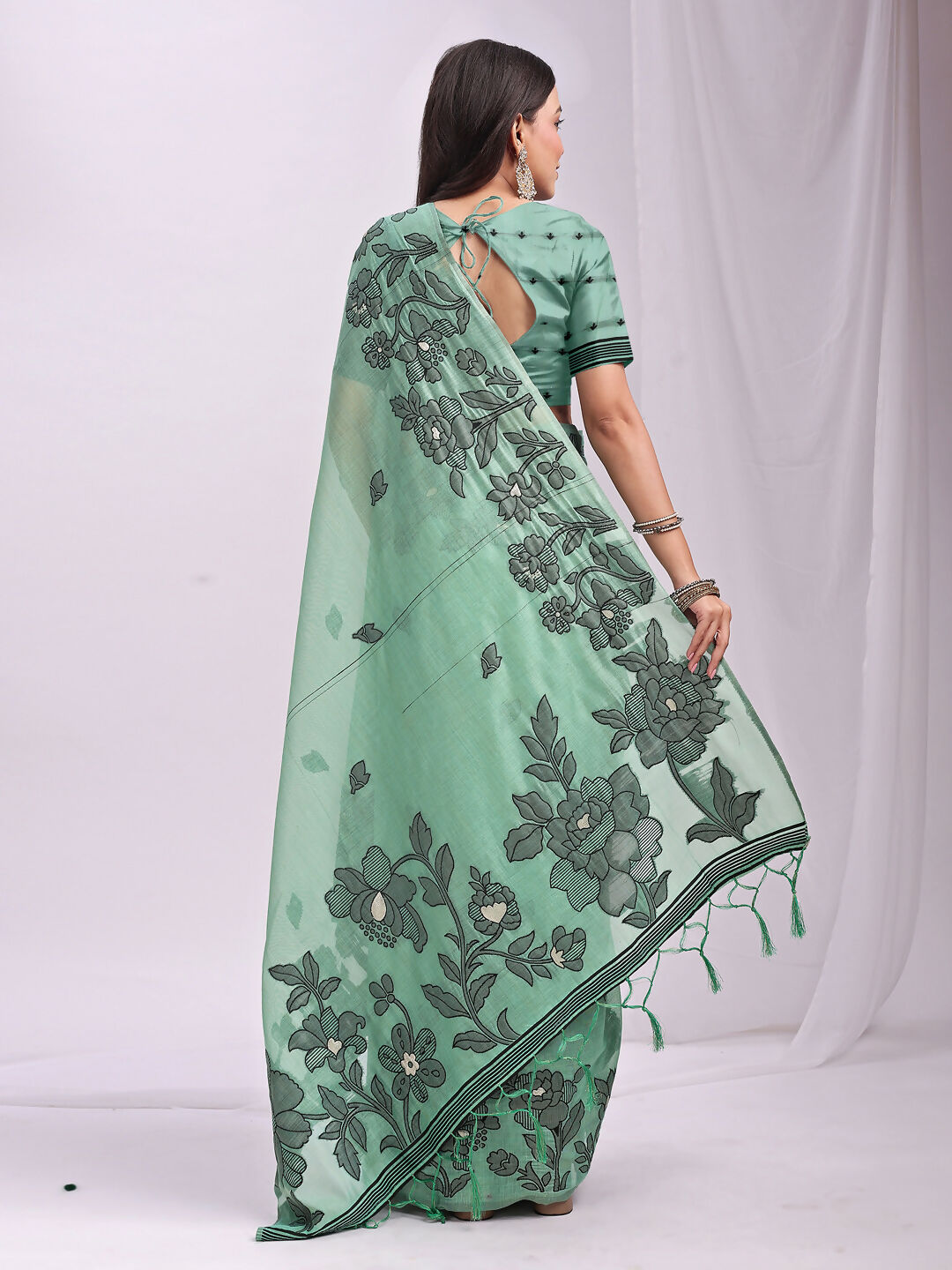 Rama Green Linen Cotton Saree with Matching Blouse