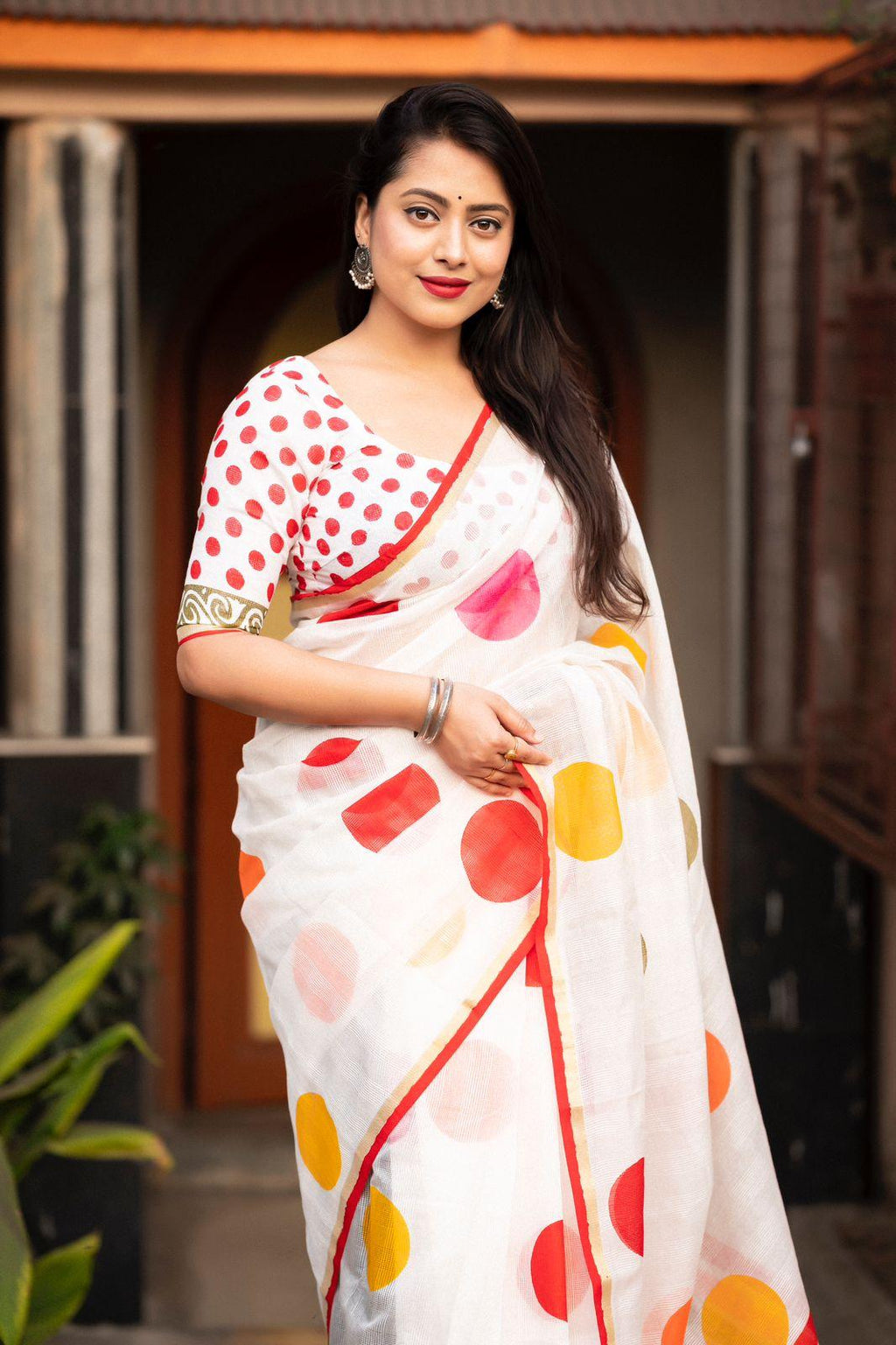 White Kota Silk Printed Saree with Hand Block Polka Dots