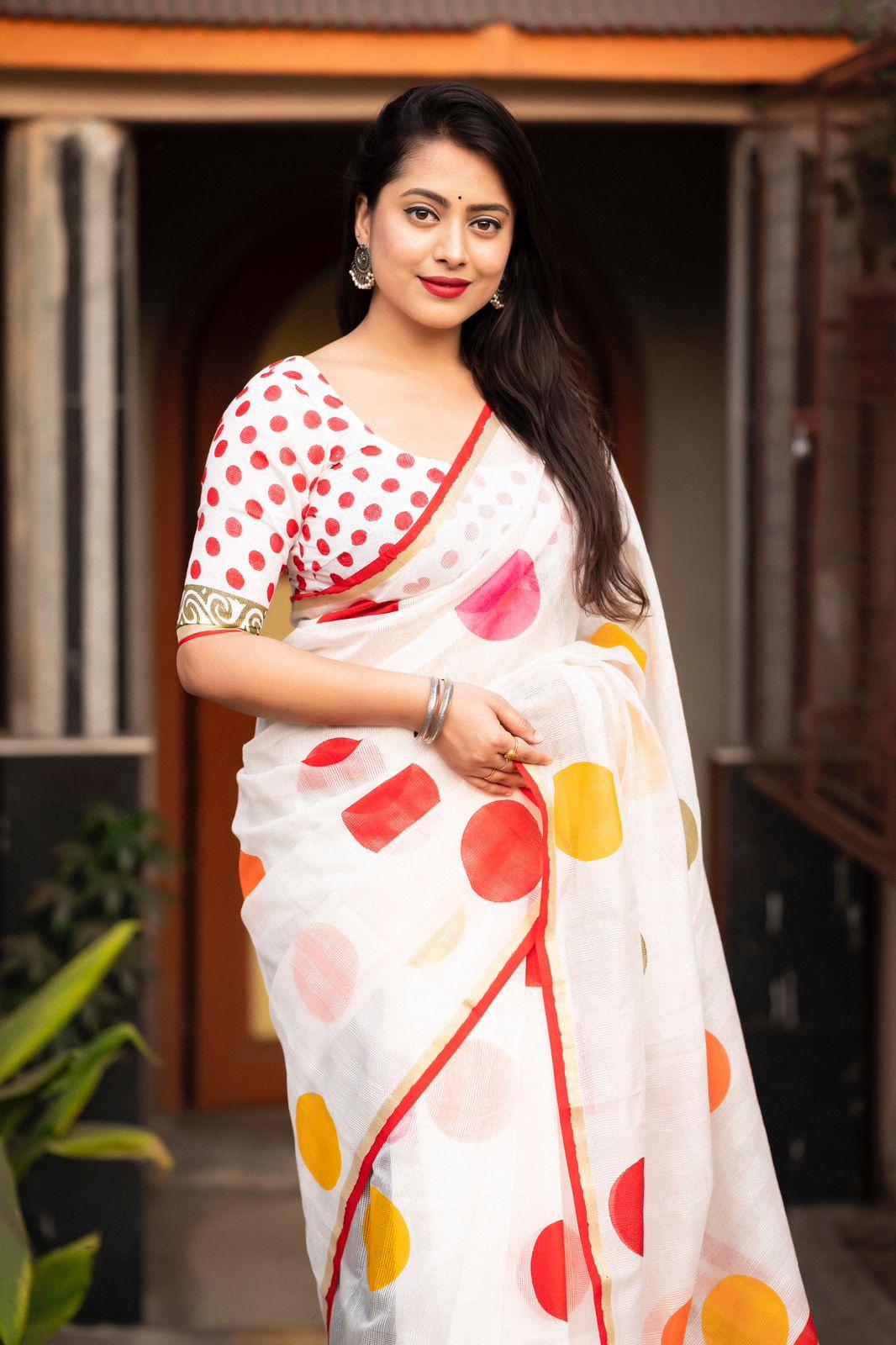 White Kota Silk Printed Saree with Hand Block Polka Dots