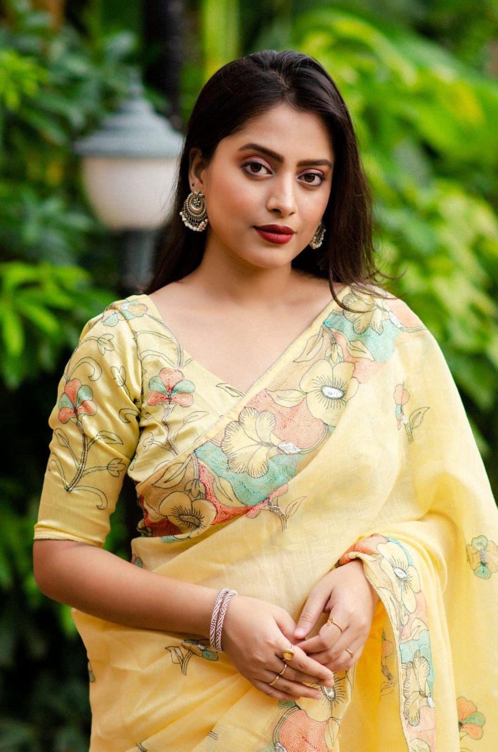 Yellow Pure Linen Saree with Ethnic Motif Embroidery
