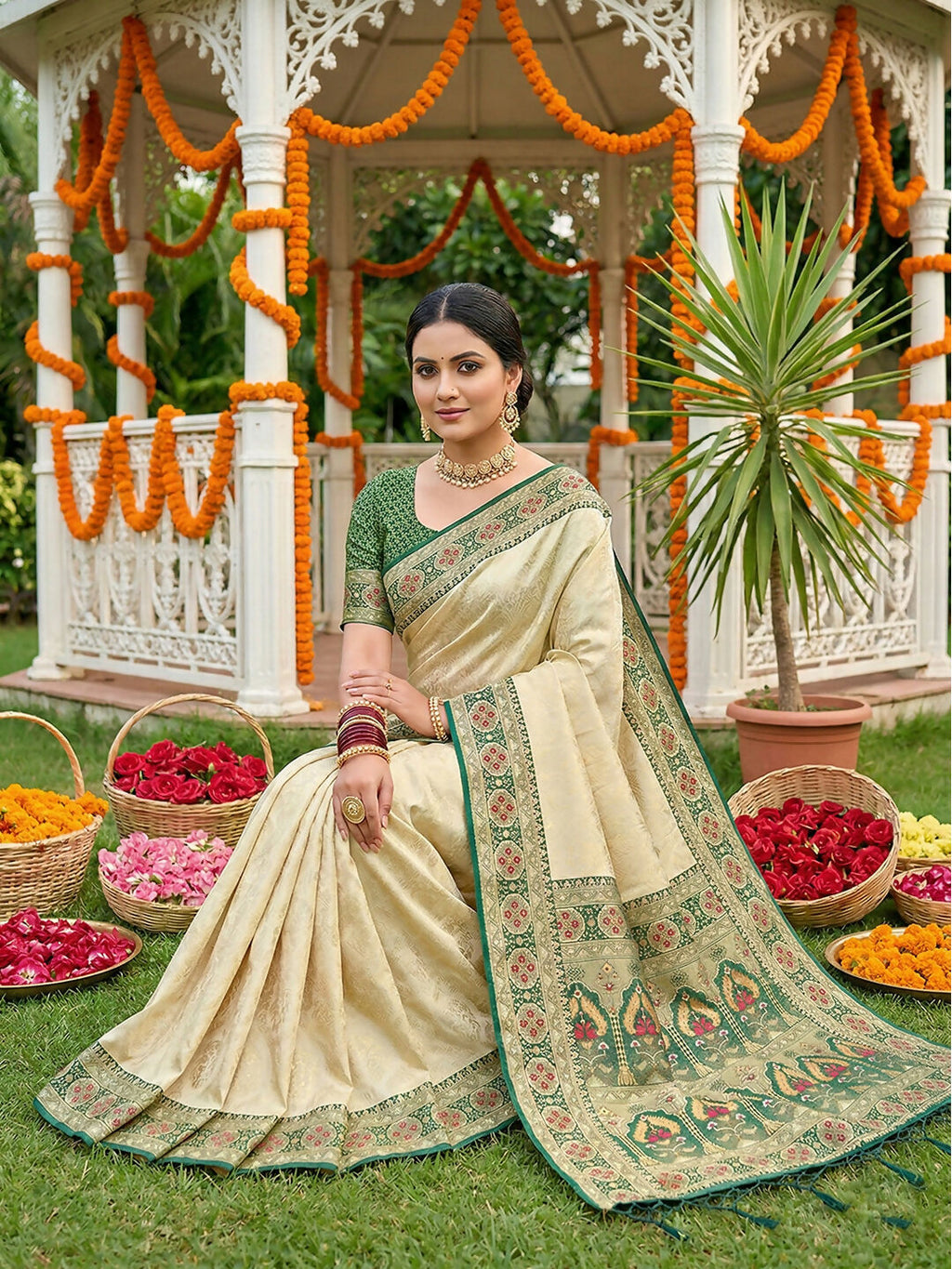 Green Soft Silk Saree with Matching Blouse Piece