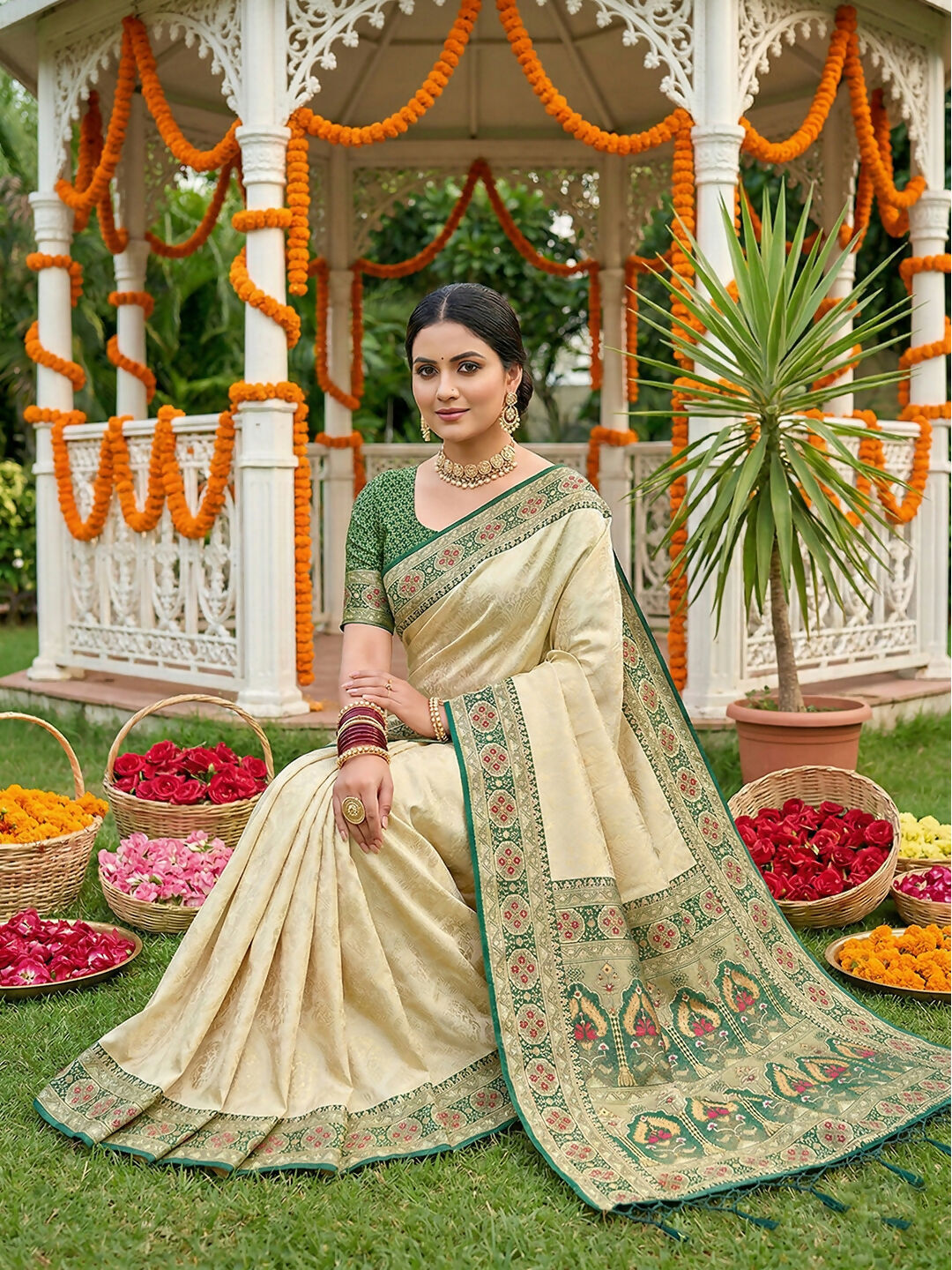 Green Soft Silk Saree with Matching Blouse Piece
