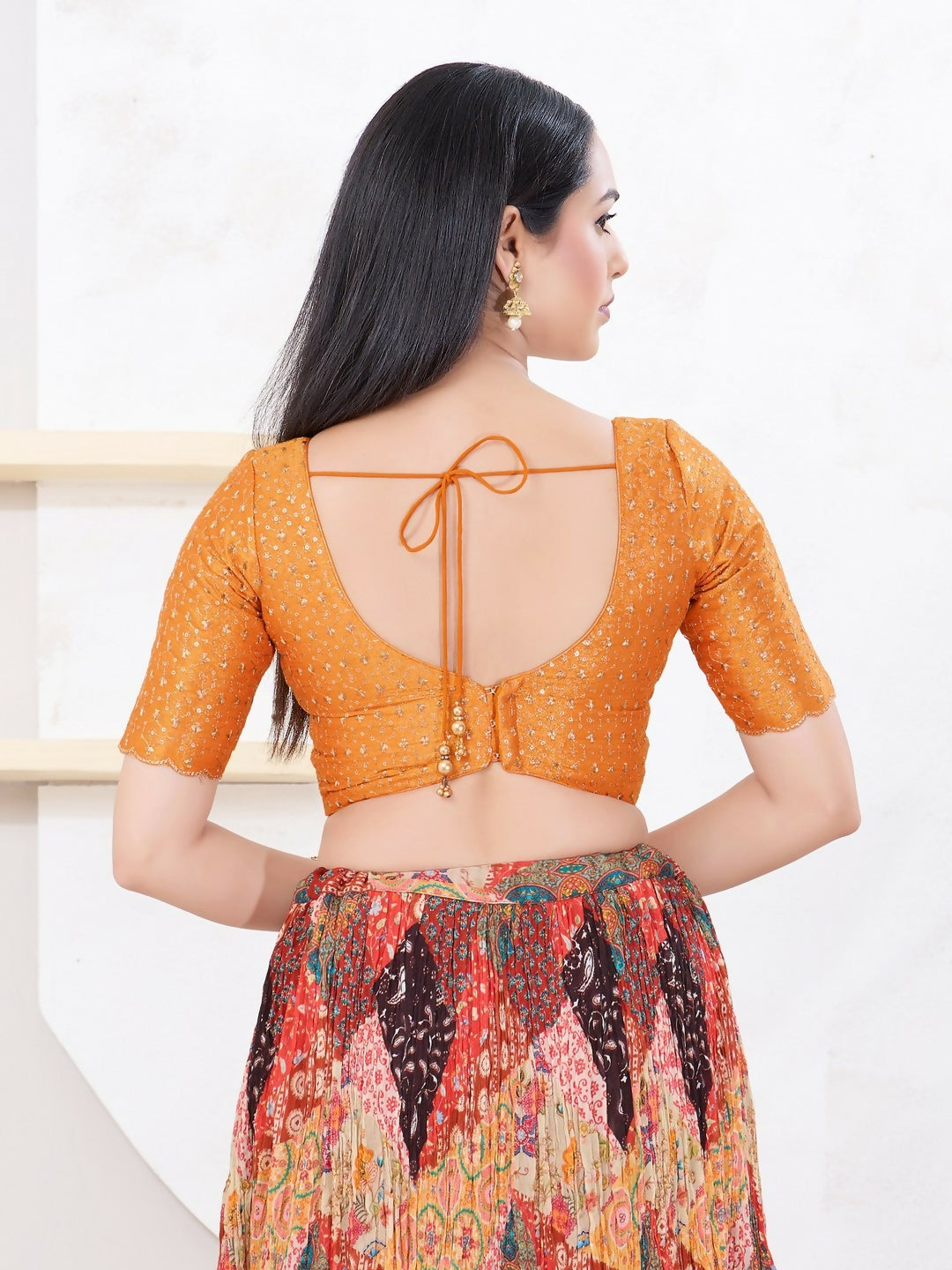 Orange Tissue Elbow Sleeve Back Open Sweetheart Neck Blouse