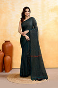 Moss Green Embellished Cotton Blend Zari Check Handloom Saree with elegant texture.