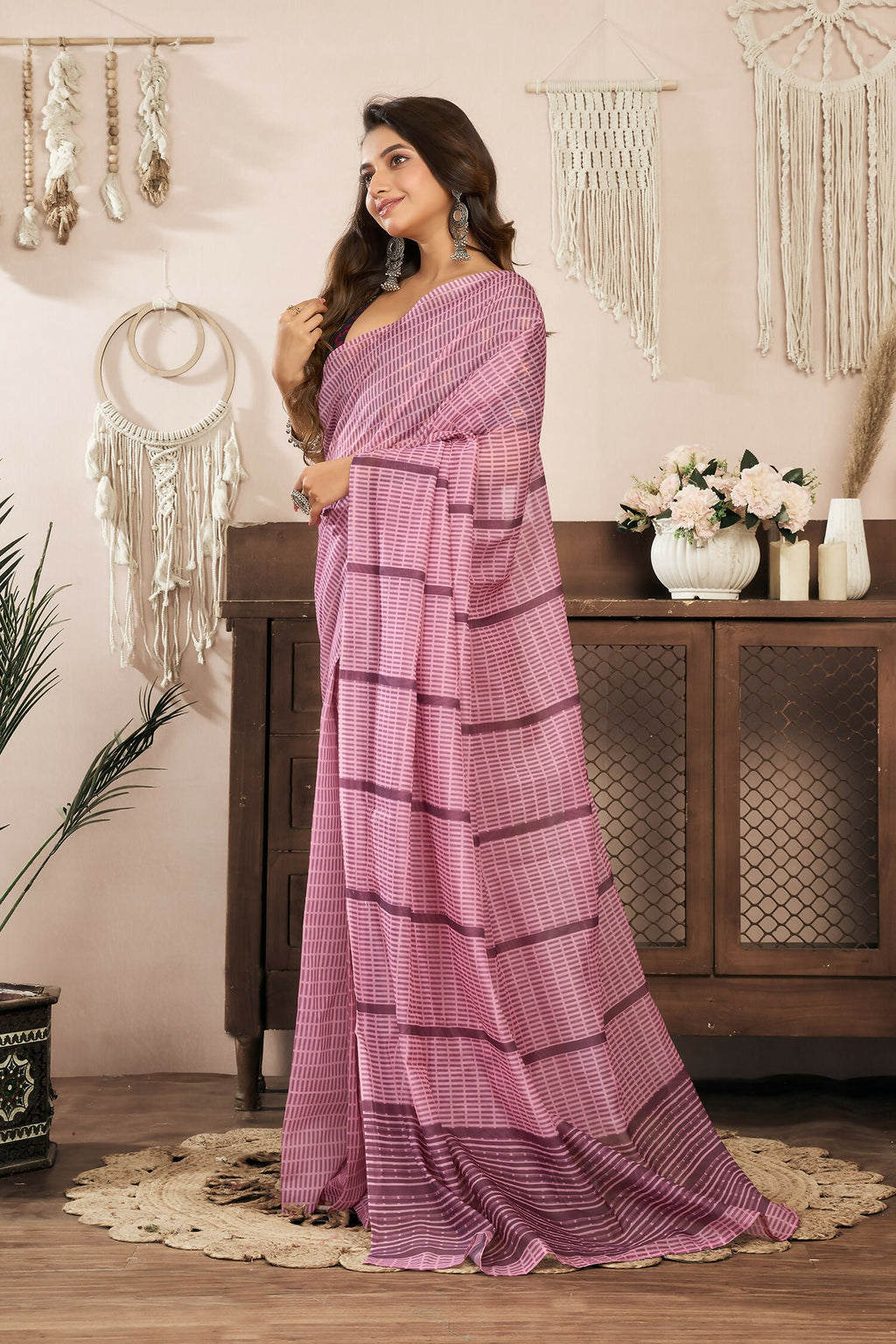 Coral Pink Paisley & Geometric Linen Ready To Wear Saree