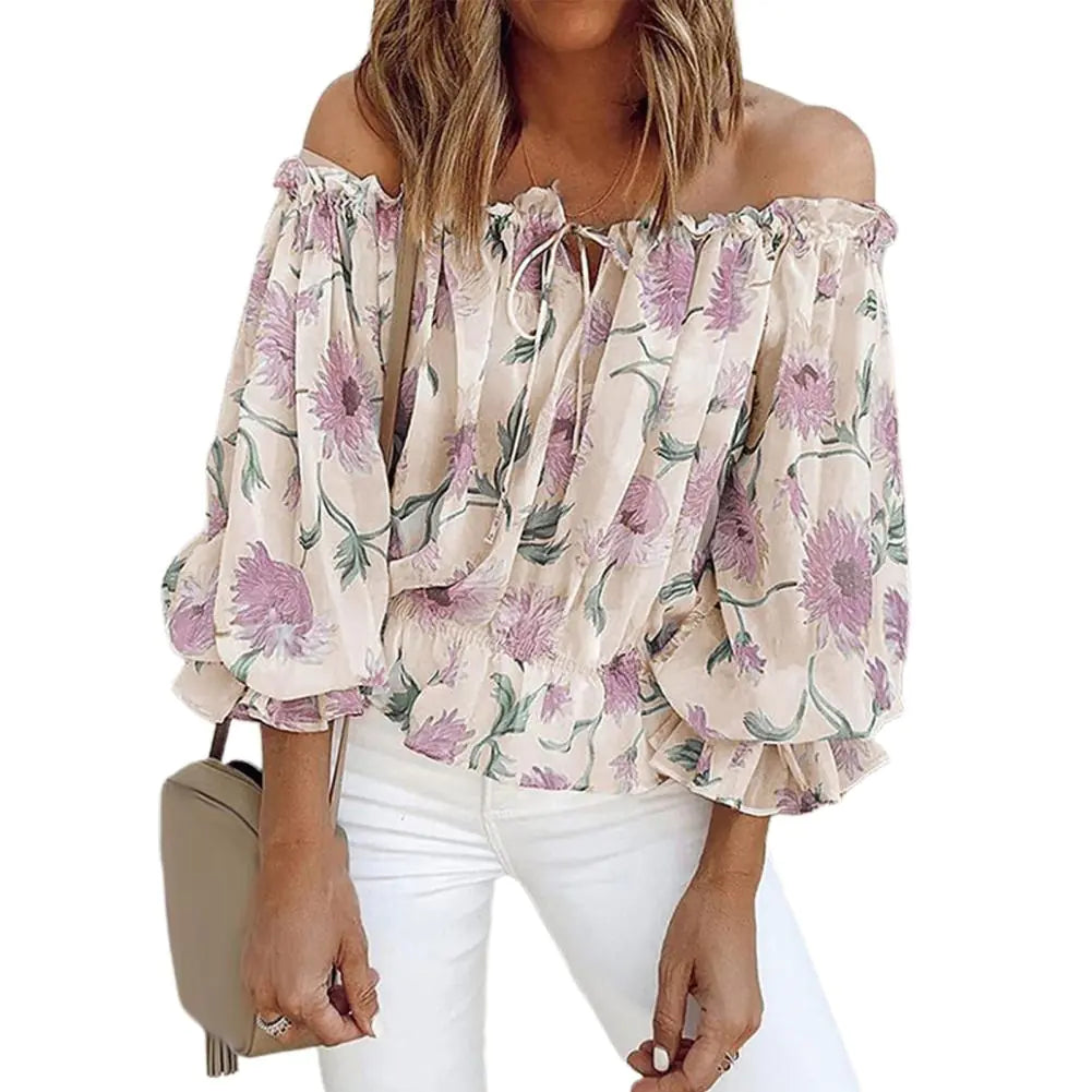 Women's Floral Off-Shoulder Chiffon Long Sleeve Blouse - Image 23