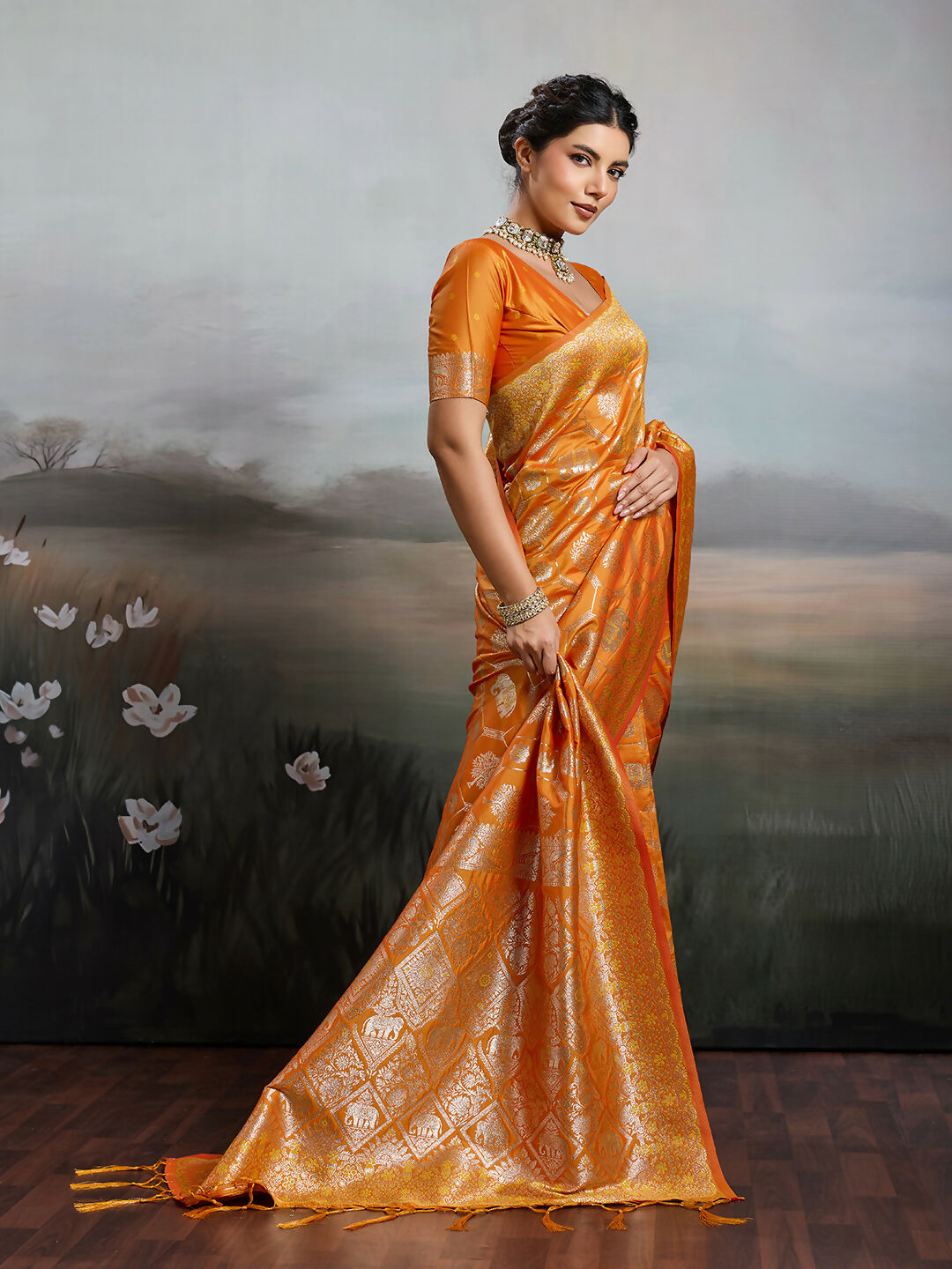 Orange Silk Blend Saree with Matching Blouse Piece