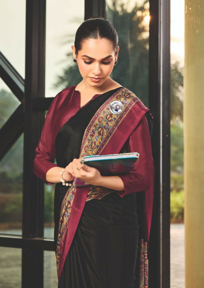 Black Crepe Silk Saree with Traditional Print for Party Wear