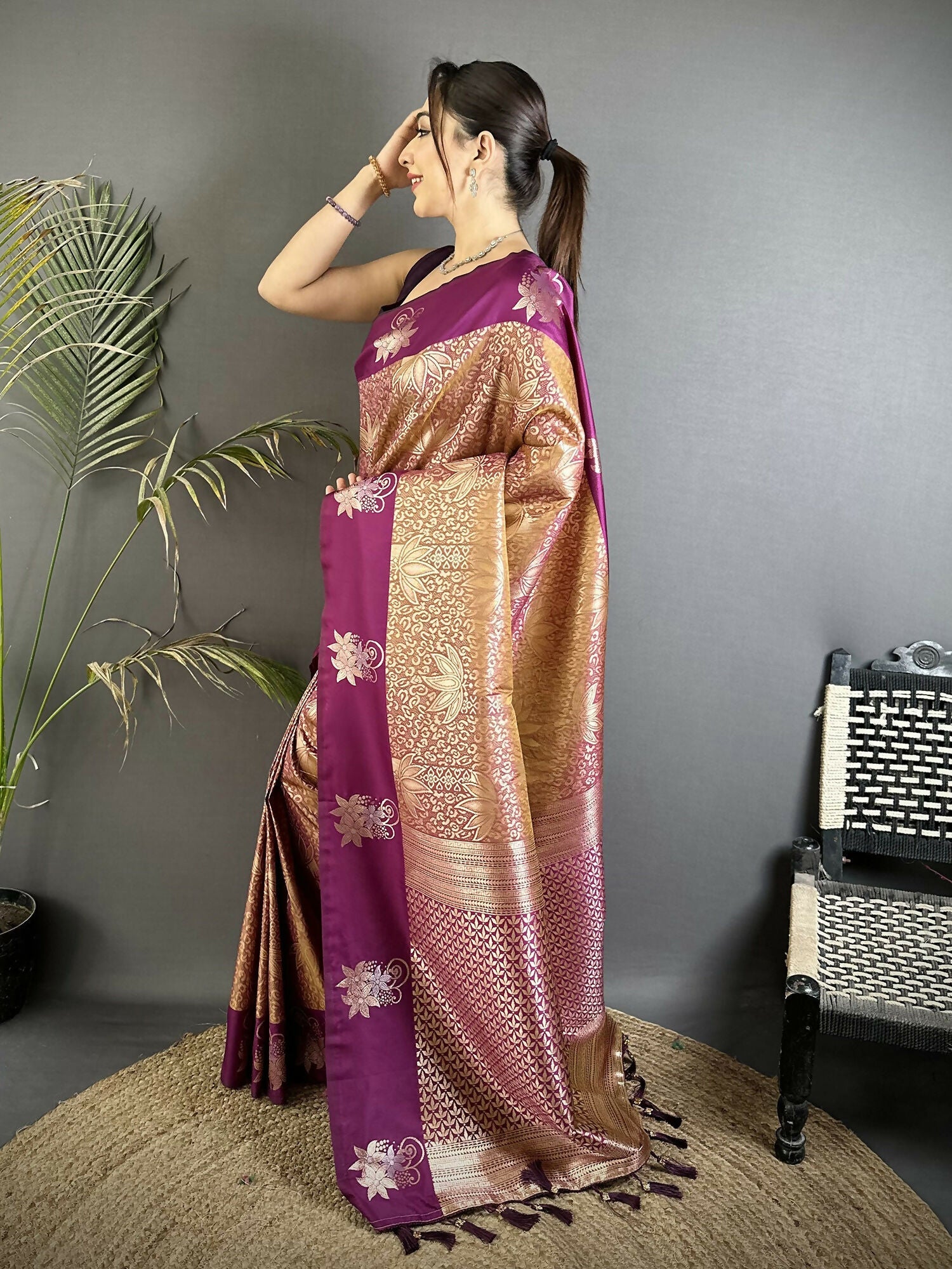 Wine Soft Silk Dharmavaram Saree with Intricate Zari Weaving