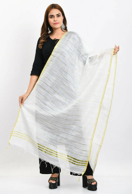 White cotton dupatta with subtle zari box embroidery pattern