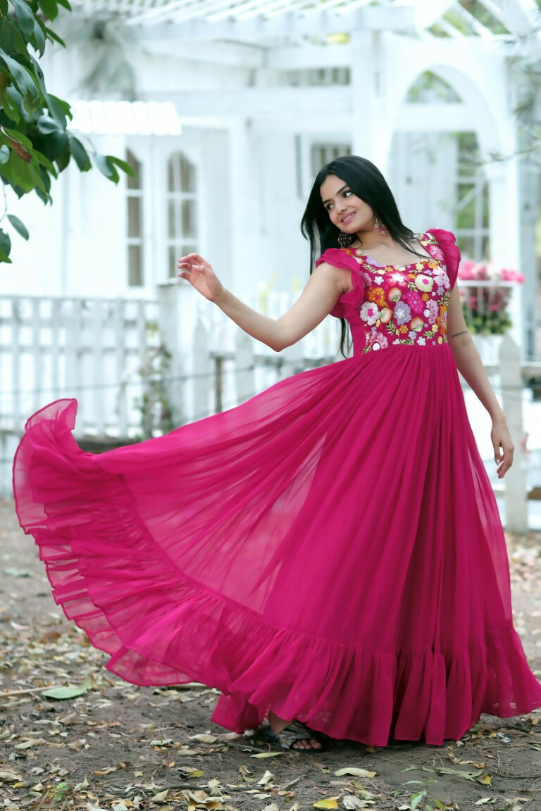 Women's Rani Pink Sequins Embroidered Faux Blooming Anarkali